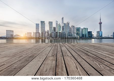 landmarks of Shanghai with Huangpu river in China.