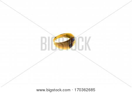 Golden signet ring with gems isolated on white