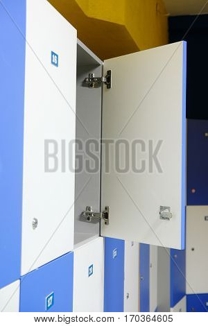Shelfs in locker room in fitness club