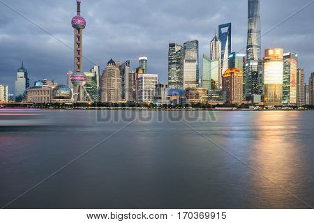 landmarks of Shanghai with Huangpu river in China.