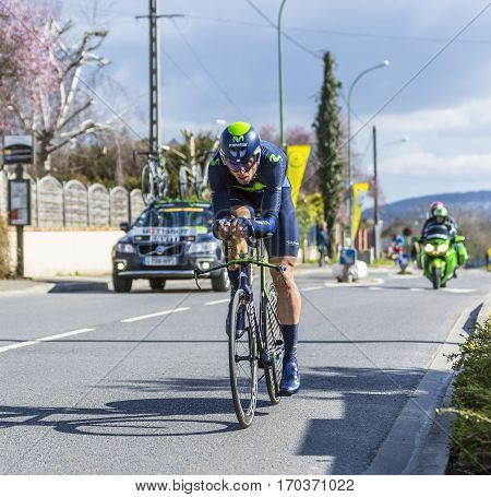Conflans-Sainte-HonorineFrance-March 62016: The Spanish cyclist Imanol Erviti Ollo of Movistar Team riding during the prologue stage of Paris-Nice 2016.