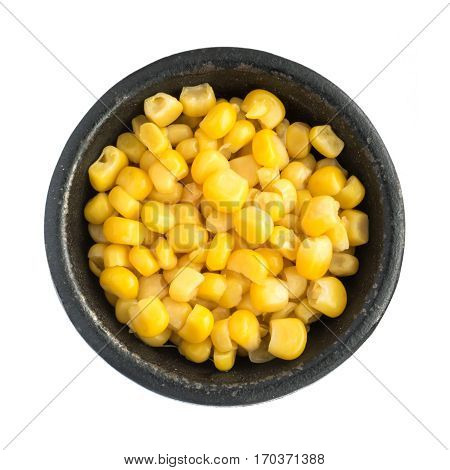 Cooked Corn Kernels Heap In Black Iron Bowl