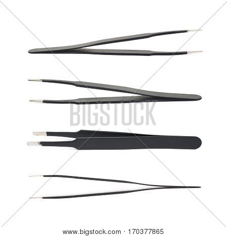 Black metal anti-static tweezers tool isolated over the white background, set of four different foreshortenings