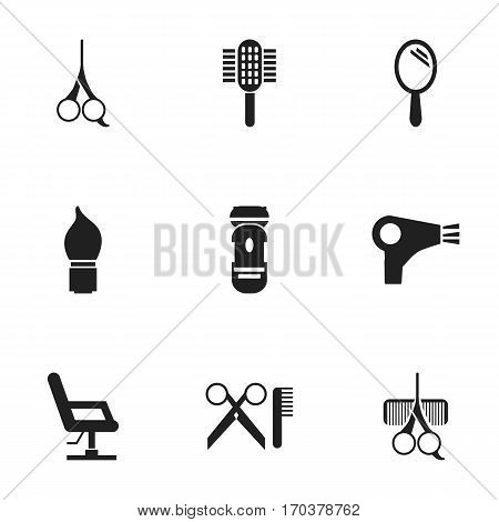 Set Of 9 Editable Tonsorial Artist Icons. Includes Symbols Such As Reflector, Scrub, Charger And More. Can Be Used For Web, Mobile, UI And Infographic Design.