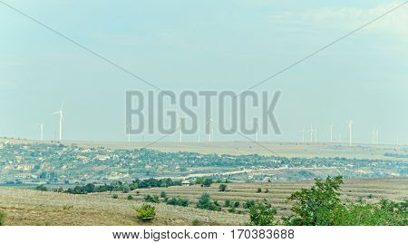 Eolian Field And Wind Turbines Farm, Countryside