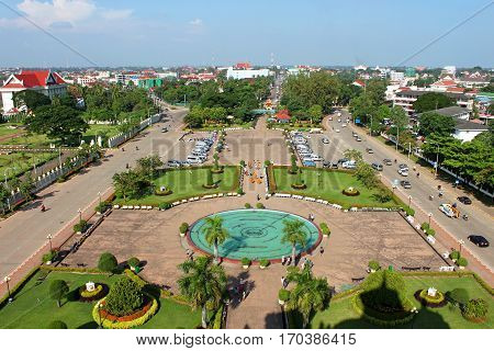 VIENTIANE, LAOS - OCTOBER 21, 2013: View from Patuxai in Vientiane, Laos