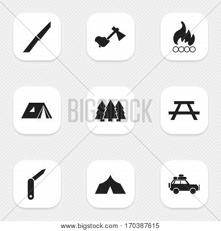 Set Of 9 Editable Travel Icons. Includes Symbols Such As Knife, Clasp-Knife, Desk And More. Can Be Used For Web, Mobile, UI And Infographic Design.