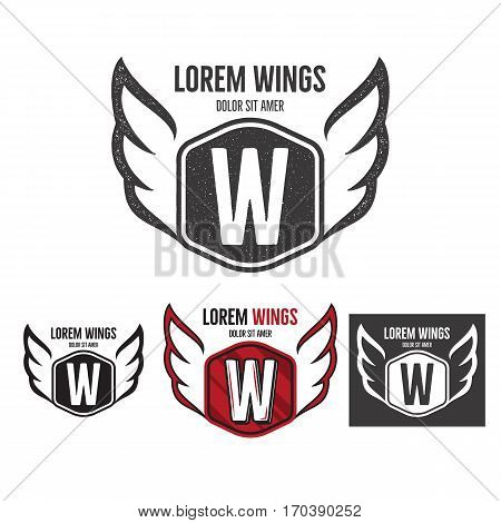 Modern wings shield template logo design. Monochrome, silhouette, color, retro rough versions. Vector design isolated on white background. For company logotype.