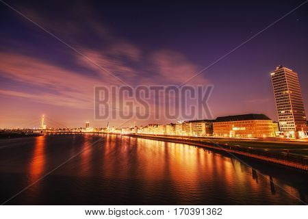 Night city landscape Dyusildorf. Media harbor. Germany