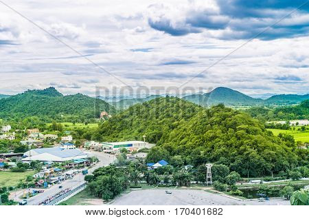 Thailand landscape of rural city and mountain under the cloudy sky