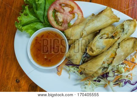 Close-upThai food:Fried spring rolls with crab and vegetables