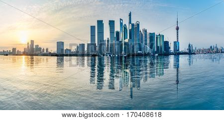 landmarks of Shanghai with Huangpu river in China.