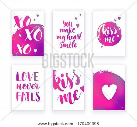 Valentine's day cards with hand lettring and pink gradient details. Vector illustration.