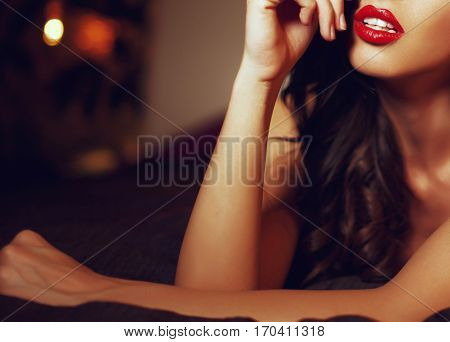 Sexy woman with red lips on bed closeup sensual lover book cover template