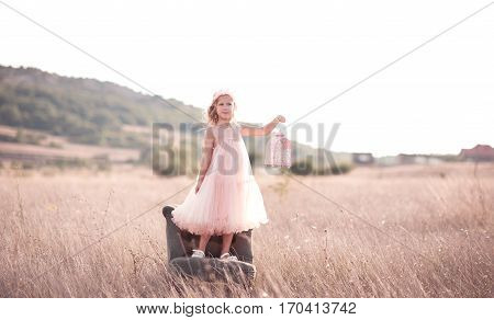 Cute kid girl 5-6 year old wearing pink stylish dress posing with chair in meadow. Looking away.