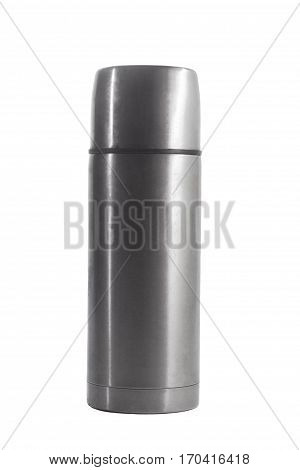 Metal, glittery thermos isolated on white background