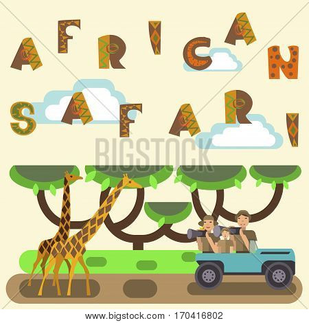 African safari concept with people and animals. Flat isolated eps10 vector illustration. Eco tourism