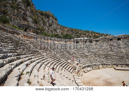 Demre, Turkey - July, 2015: Ancient lycian Myra rock tomb ruins at Turkey Demre