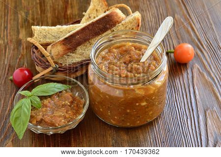 Ajvar roasted sweet pepper and eggplant (aubergine) with toast