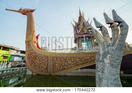 NONTHABURI, THAILAND - JAN 31, 2017 : Suphannahong Boat(swan boat) at WAT CHA LOR TEMPLE, Nonthaburi province, Thailand.