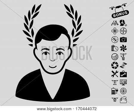 Man Glory pictograph with bonus quad copter service icon set. Vector illustration style is flat iconic black symbols on light gray background.