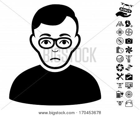 Downer pictograph with bonus quad copter service pictograms. Vector illustration style is flat iconic black symbols on white background.