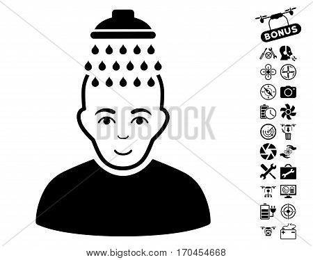 Head Shower pictograph with bonus flying drone tools pictograph collection. Vector illustration style is flat iconic black symbols on white background.