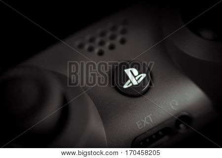 VALENCIA, SPAIN - FEBRUARY 3: Close up macro view from Dualshock 4 wireless controller for playstation 4 magma red on February 3, 2017 in Valencia, Spain