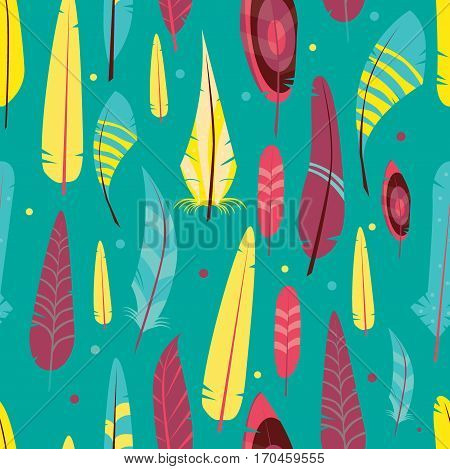 Vector seamless pattern with different graphic birds on a color background. Wallpaper with feathered race.