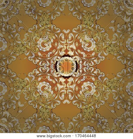 Floral Vintage Border With Vintage Golden Ornament On Golden Gardient Background. Vector Golden Seam