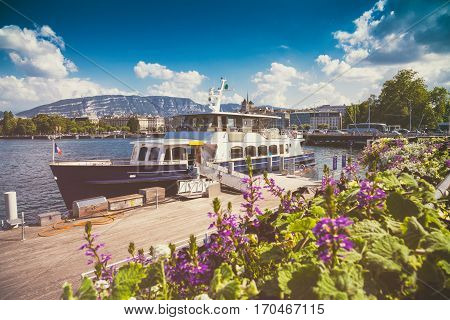 Ship in port on Lake Geneva in Switzerland