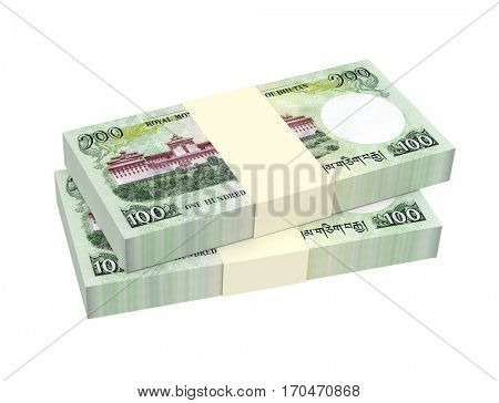 Bhutanese money isolated on white background. 3D illustration.