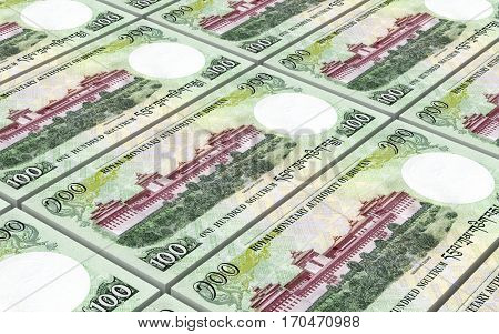 Bhutanese ngultrum bills stacks background. 3D illustration.