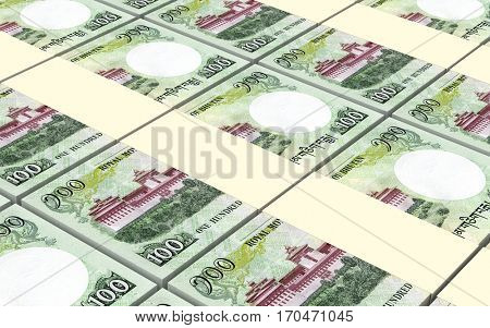 Bhutanese ngultrum bills stacks background. 3D illustration.