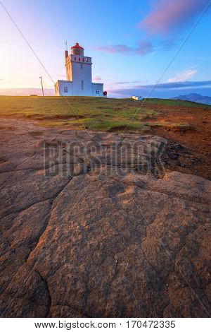 White lighthouse at Cape Dyrholaey, Iceland.