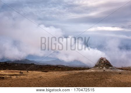 Smoking fumaroles on Hverarond valley, north Iceland, Europe.