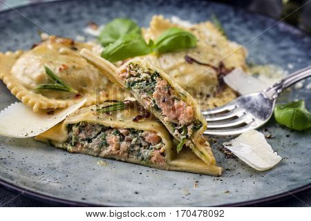 Salmon Spinach Ravioli on Plate