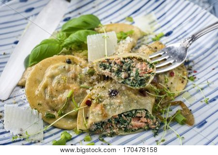 Salmon Spinach Ravioli on Plate