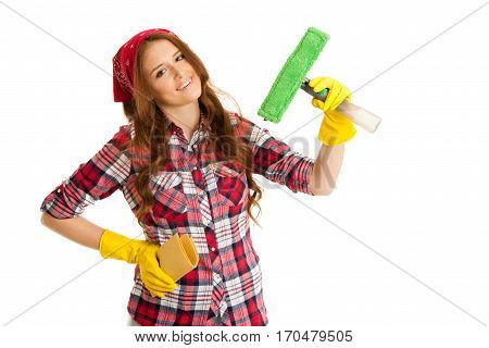 Happy Young Woman Cleaning Windows Isolated Over White Vackground