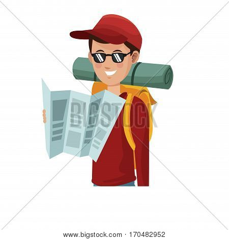 traveler man with backpack over white background. colorful design. people traveling concept. vector illustration