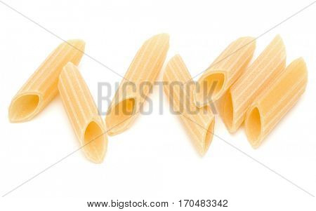 Italian pasta isolated on white background. Pennoni. Penne rigate.