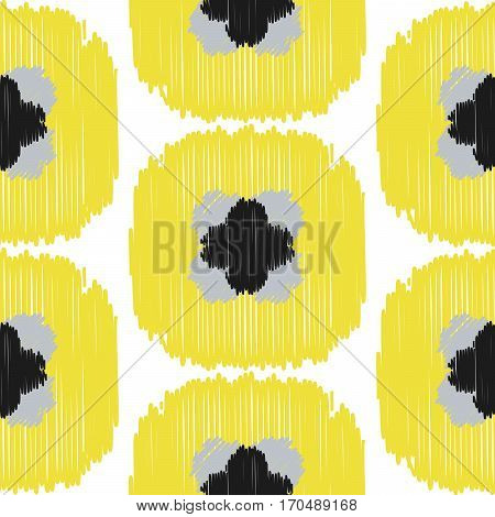 Ikat ogee squares vector seamless pattern. Abstract geometric background for fabric, print or wrapping paper. White and yellow design.