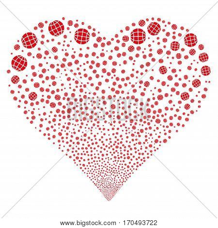 Globe fireworks with heart shape. Vector illustration style is flat red iconic symbols on a white background. Object stream done from scattered icons.