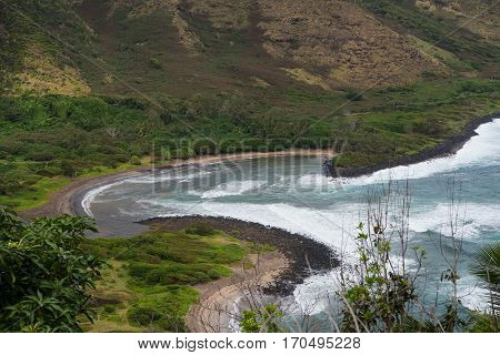 The crescent shaped Halawa Beach on Molokai Island Hawaii