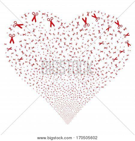 Scissors fireworks with heart shape. Vector illustration style is flat red iconic symbols on a white background. Object valentine heart created from scattered design elements.