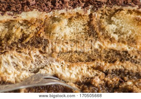 a peace of beautiful delicious homemade cake tiramisu low calories close up