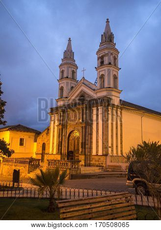 Small church at night, where supposedly the Inca king Atahualpa was born, Ibarra, Ecuador