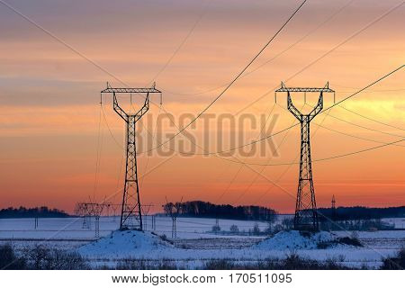 landscape with the image of ETL in winter evening at sunset