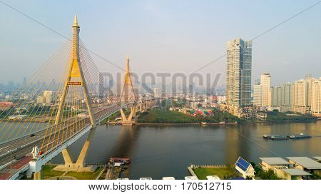 Bhumibol bridge aerial view over the Chao Phraya river in Bangkok, Thailand
