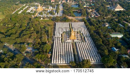 Aerial view of the Kuthodaw Pagoda surrounded by 729 shrines containing the world's biggest book